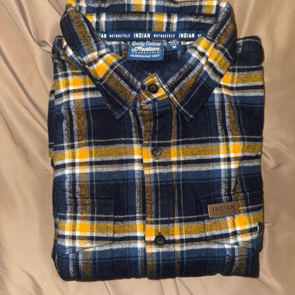 Indian Motorcycle Men's Navy and Yellow Plaid Shirt